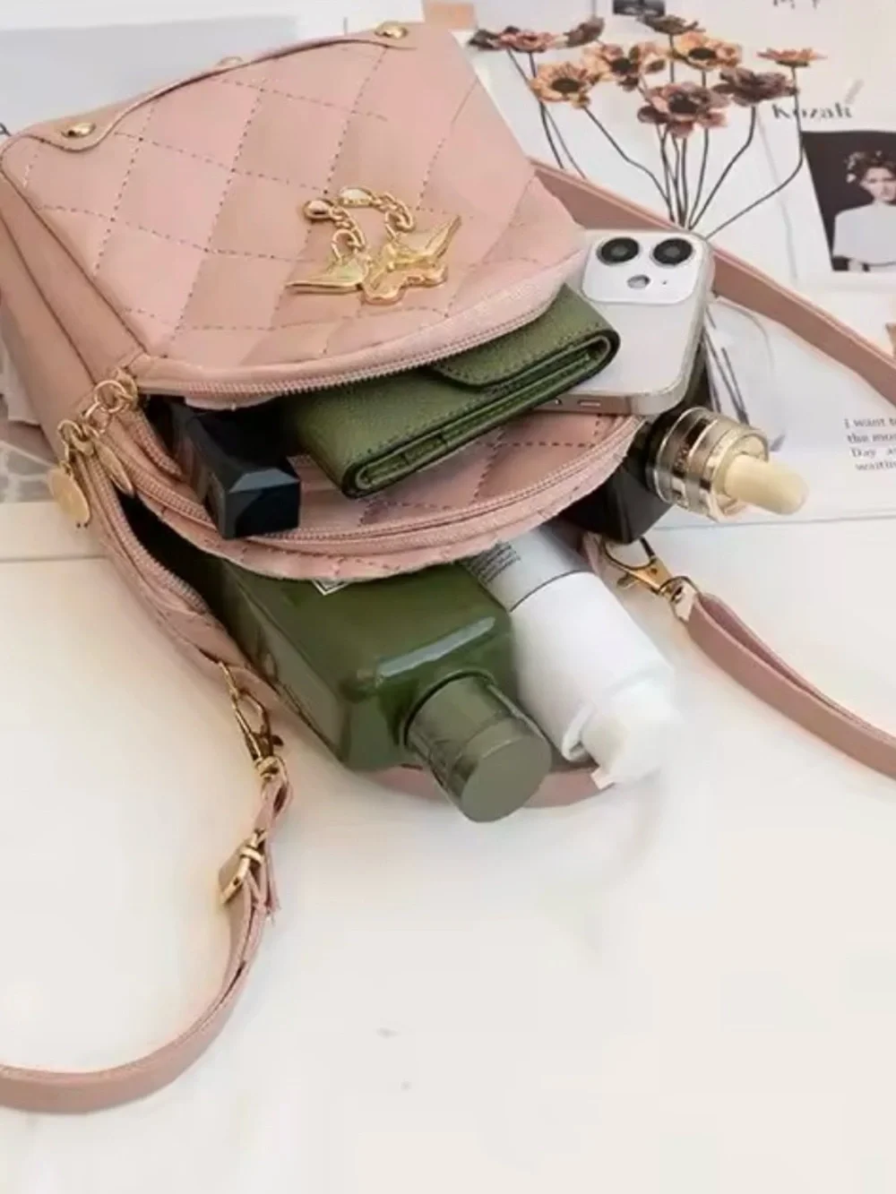 Pink Quilted Mini Backpack with Gold Flamingo Accent